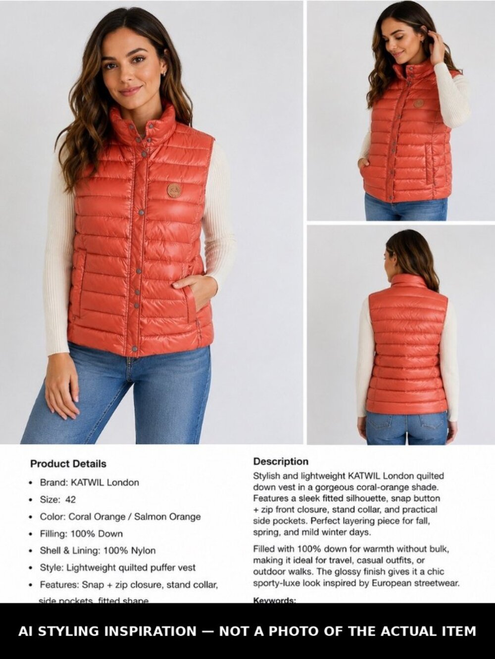 Coral-Orange Quilted Down Puffer Vest